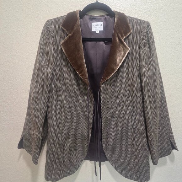 Armani Fall Jacket Blazer Size 10 Brown Wool Lined Herringbone Pattern Padded - Picture 1 of 10